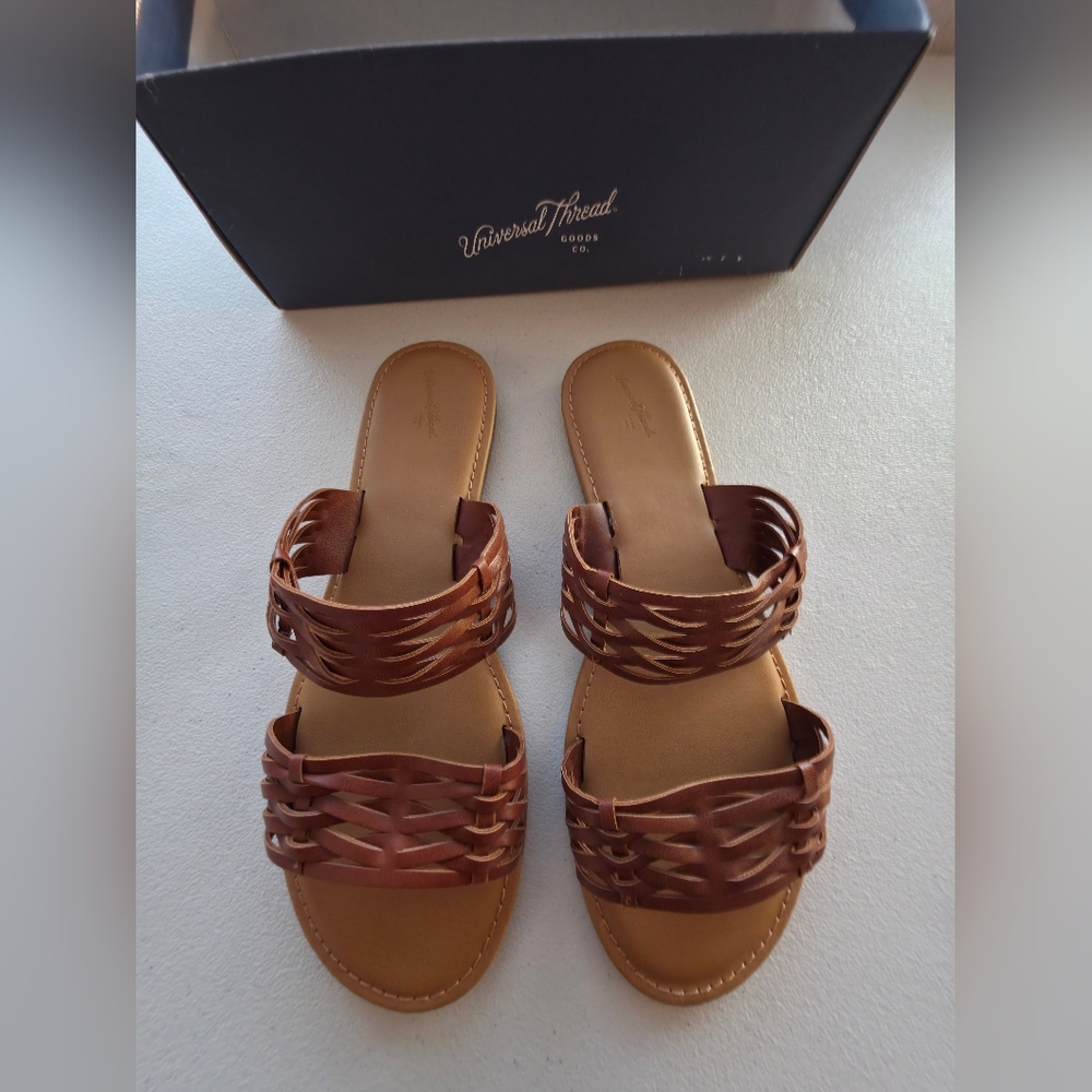 NIB Universal Thread Addie Brown Woven Two-Band Slide Sandals Boho Minimalist - Picture 2 of 6